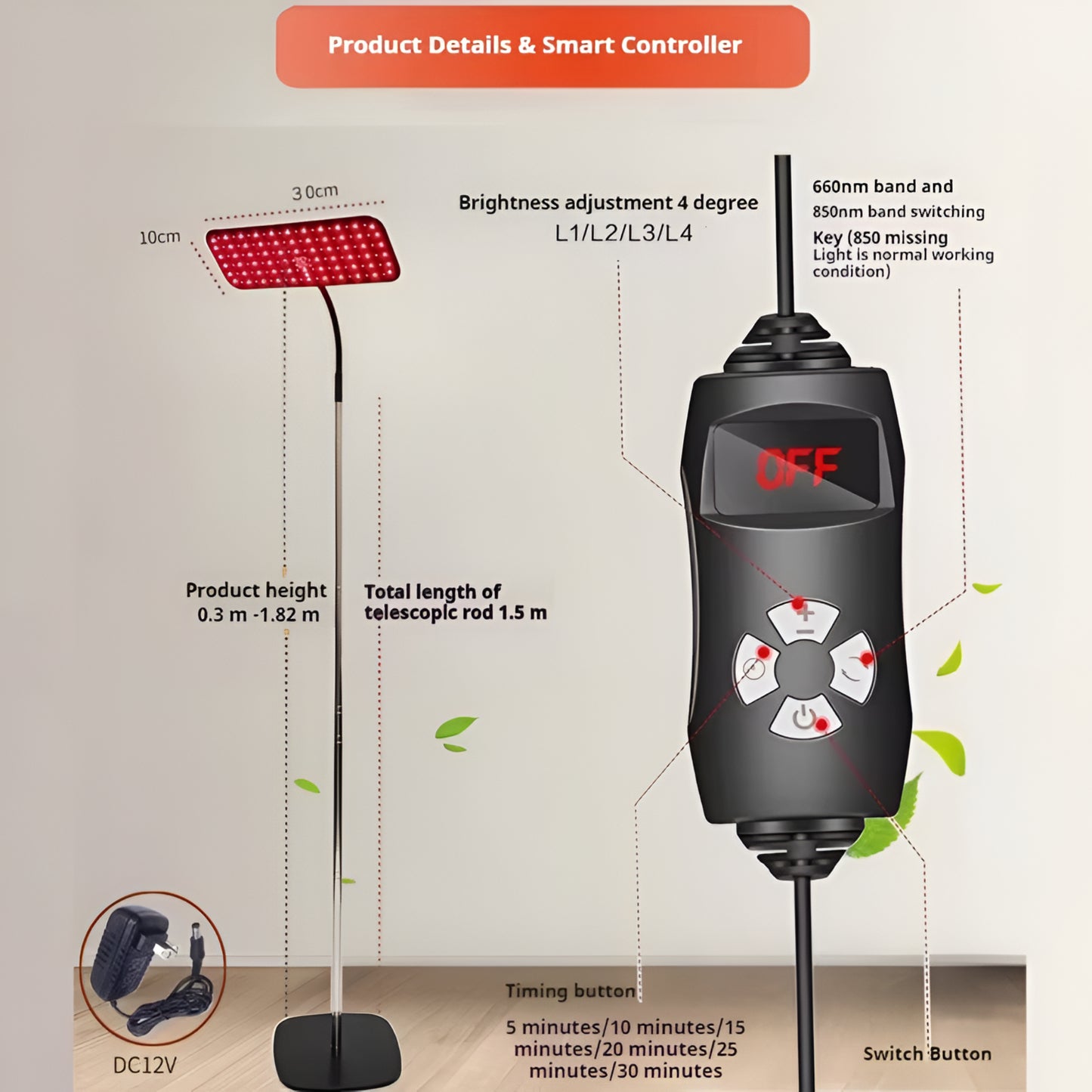660Nm &850Nm near Infrared Light Device 25W LED Red Light Therapy Lamp with Stand Facial Skin Care for Relief Muscle Joint Pain