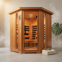 4-Person Cedar Corner Infrared Sauna — Studio Shot