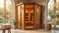 4-Person Cedar Corner Infrared Sauna — Lifestyle